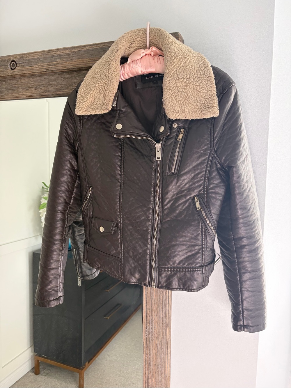 Black Rivet Leather Jacket with Removable Cream Sherpa Collar